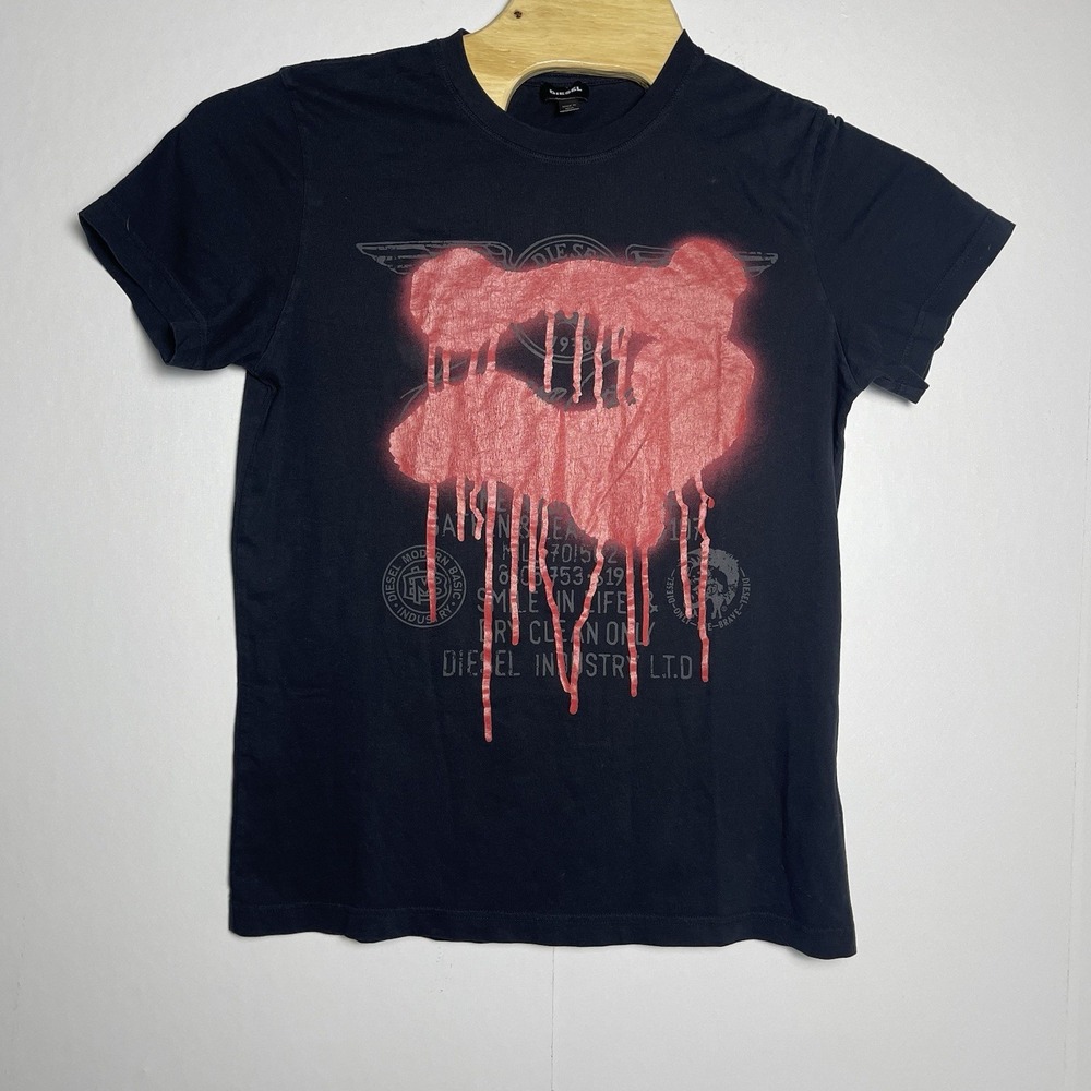 Diesel Men's Large Black Red T Shirt Smile in Life Drip Paint Short Sleeve